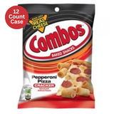 Packaging of Combos Pepperoni Pizza Cracker baked snacks with a 12 count case label.