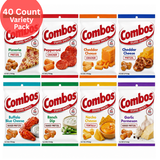 A 40-count variety pack of Combos Stuffed Snacks featuring eight different single-serve pouches arranged in a grid. The packages include Pizzeria, Pepperoni, Cheddar Cheese, Pretzel, Buffalo Blue Cheese, Ranch Dip, Nacho Cheese, and Garlic Parmesan flavors.