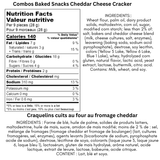 Nutrition facts label and ingredients list for baked snacks with cheddar cheese cracker flavor.