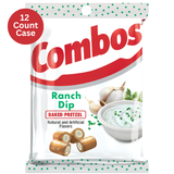 Packaging of Combos Ranch Dip Baked Pretzel with a bowl of dip and pretzels on a white background.
