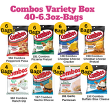 A Combos Variety Box promotional graphic showing multiple snack bags arranged in a grid with large pink title text at the top. The box includes 6 bags of Combos Pepperoni Pizza, 6 bags of Combos Pizzeria Pretzel, 6 bags of Combos Cheddar Cheese Cracker, 6 bags of Combos Cheddar Cheese Pretzel, 4 bags of Combos Ranch Dip, 4 bags of Combos Nacho Cheese, 4 bags of Combos Garlic Parmesan, and 4 bags of Combos Buffalo Blue Cheese.
